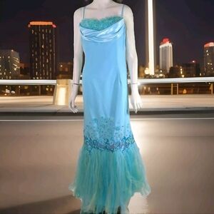 La Femme Paris Gown Formal Dress Beaded Embroidered Blue 16 Ballgown Toule